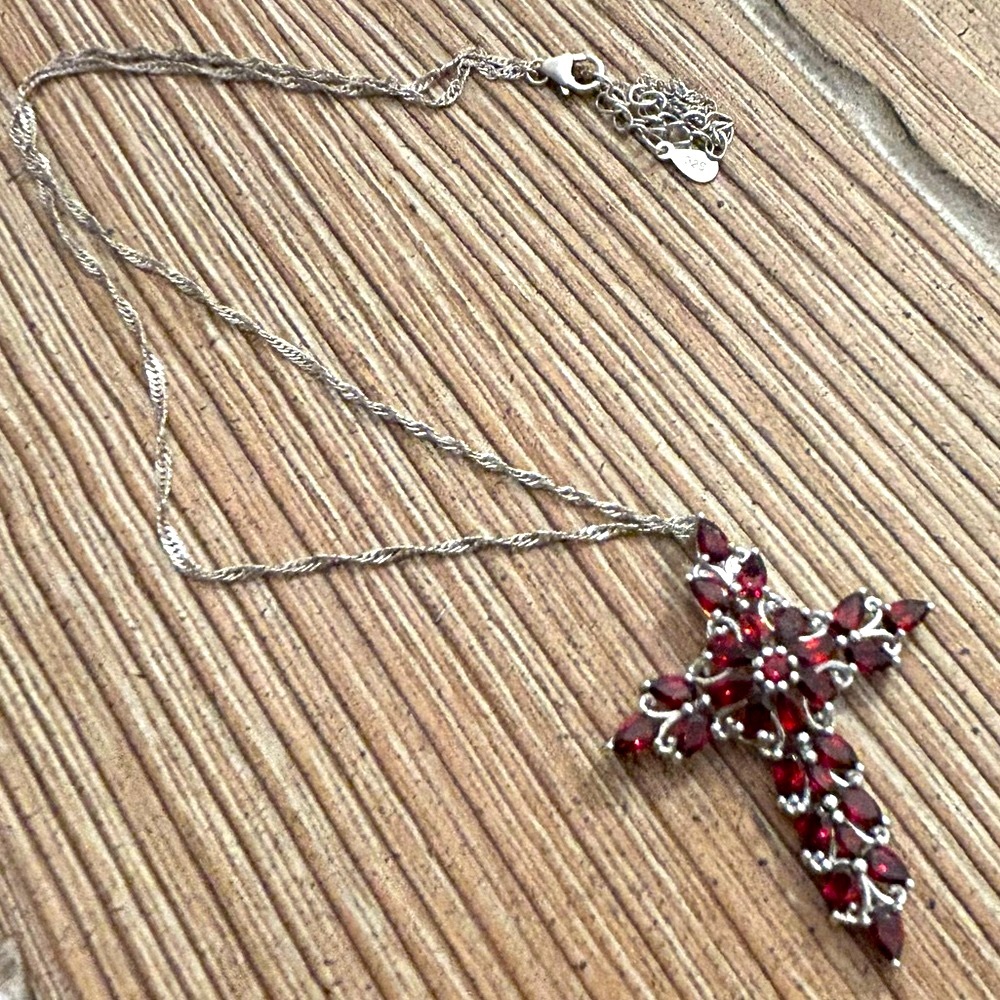 Gorgeous Large Garnet Cross Pendant | Sterling Silver - Picture 7 of 7